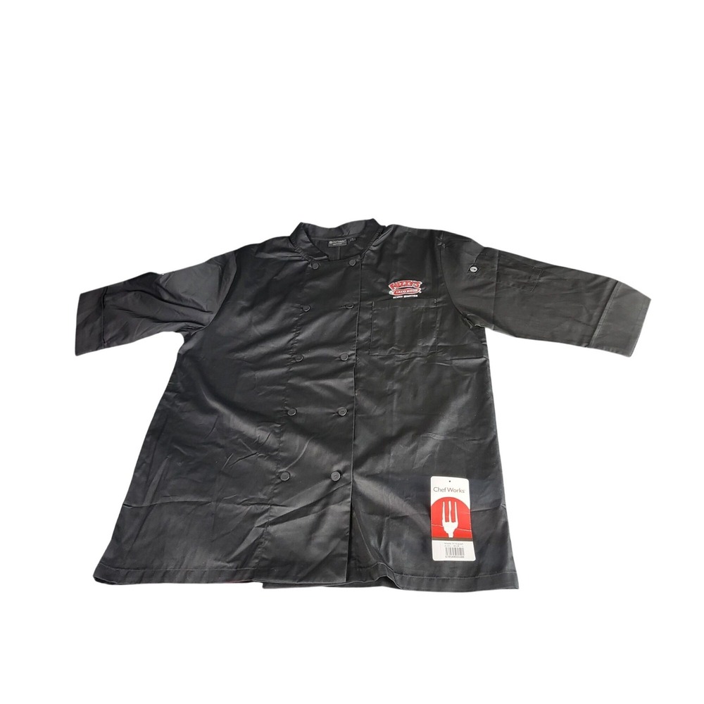 NWT Chef Works Mens Large Fuzzys Taco Shop Black Chef Coat Restaurant Work Shirt